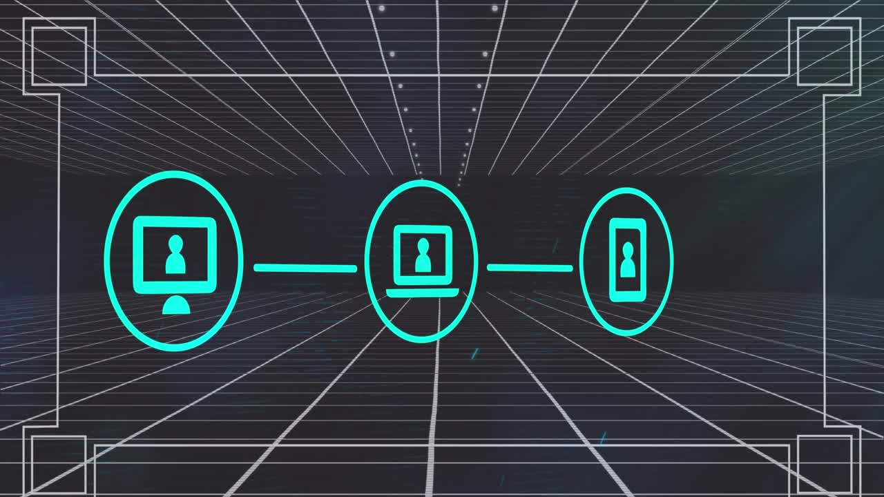 회색 배경에 대한 그리드 네트워크를 통해 디지털 아이콘 네트워크의 애니메이션