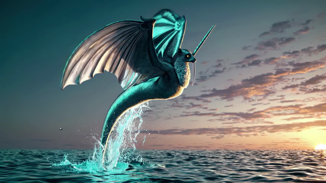 Mystical Flying Unicorn Creature Leaping Over Water at Sunset