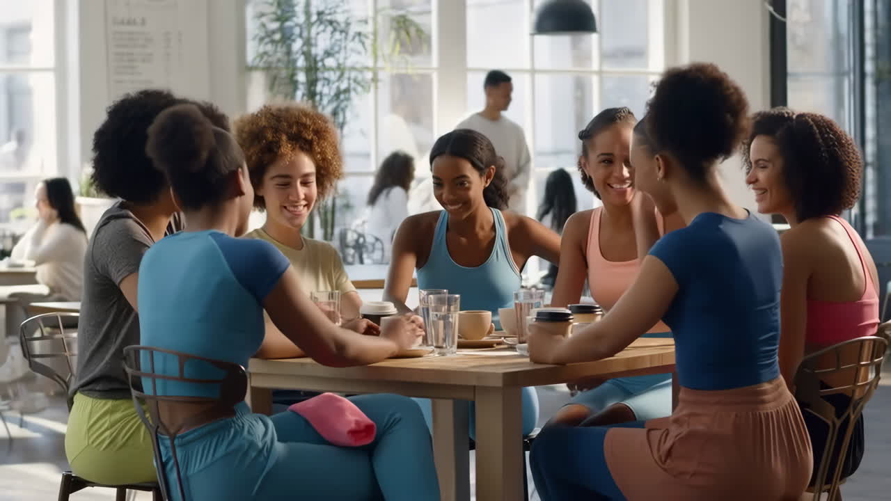 Diverse Group of Women Socializing and Laughing at a Cafe