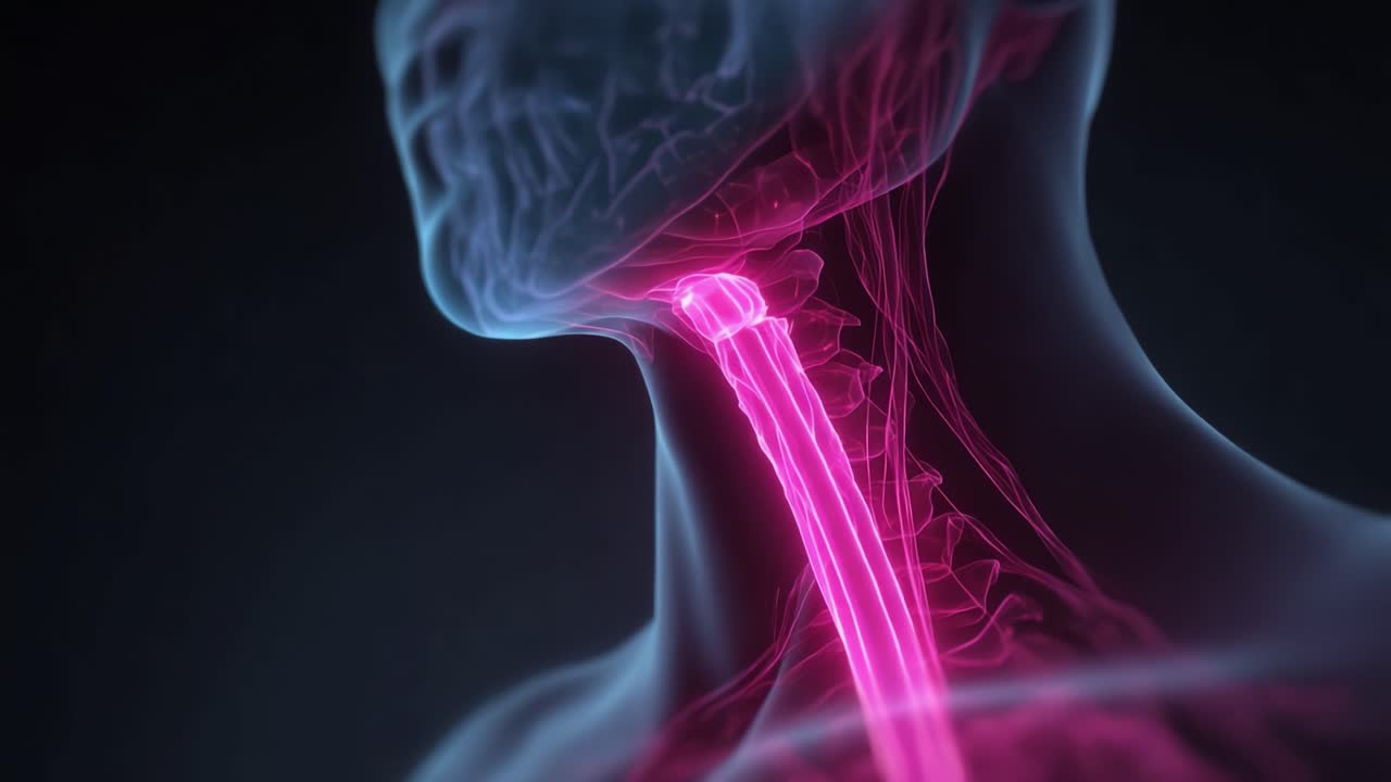 A Detailed Visualization of the Human Throat Anatomy Highlighting the Trachea's Structure and Functionality in a Luminous Design