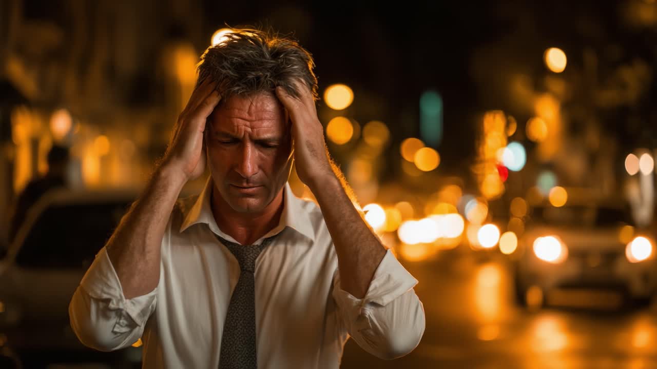 Un uomo sta in piedi su una strada trafficata di città di notte, mostrando dolore e contemplazione mentre luci intense e auto di passaggio illuminano la sua espressione turbata.