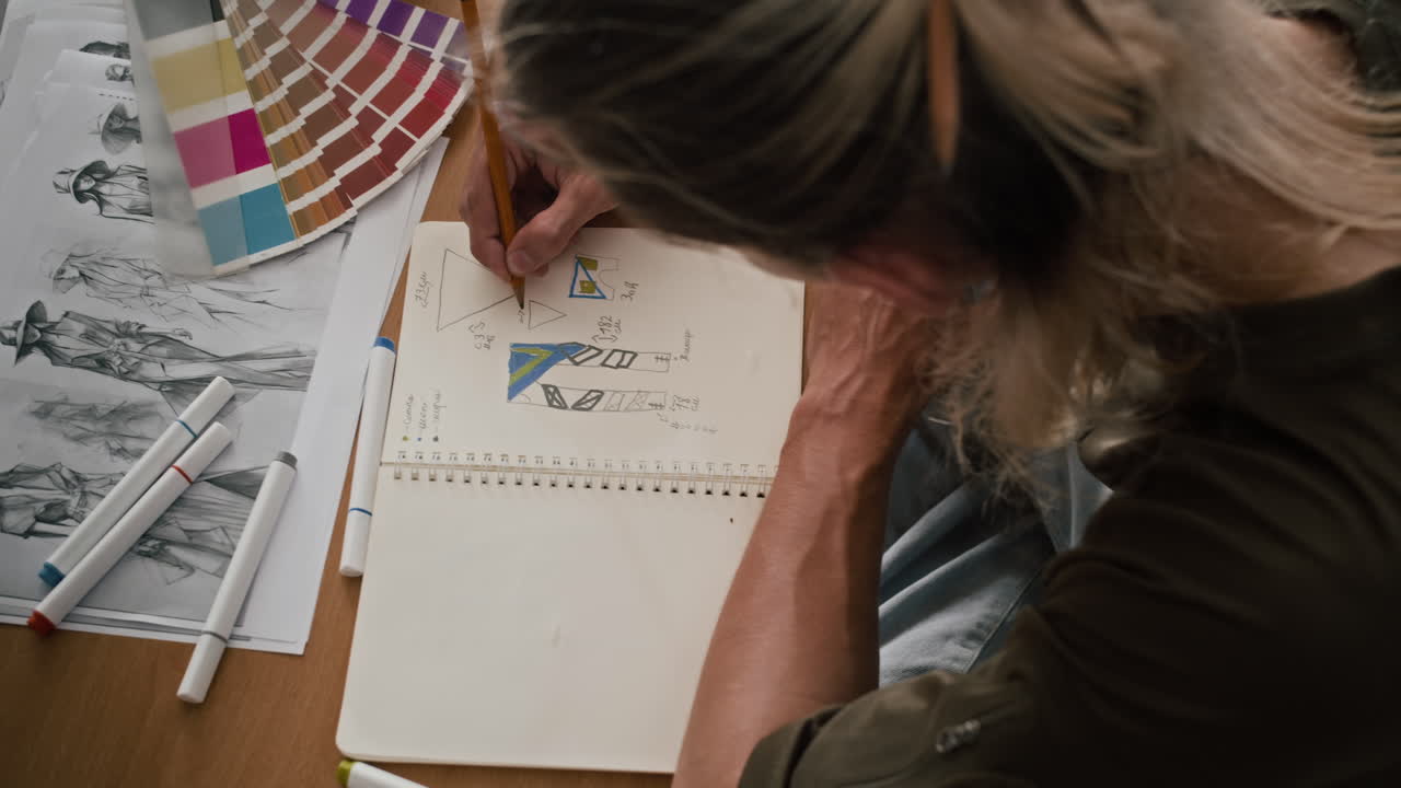 Fashion Designer Sketching in Copybook at Studio Top View