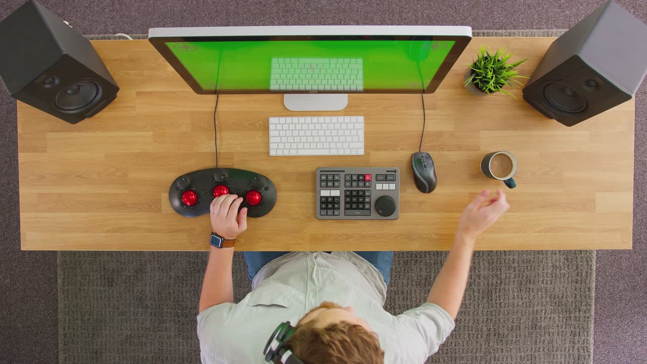 vista dall'alto di un redattore video maschio che indossa cuffie wireless e lavora al computer con schermo verde in un ufficio creativo bevendo una tazza di caffè - girato in rallentatore