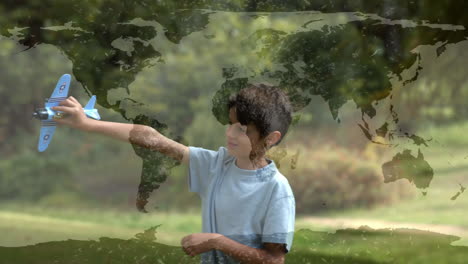 animación de la red global de conexiones con un niño jugando con un avión