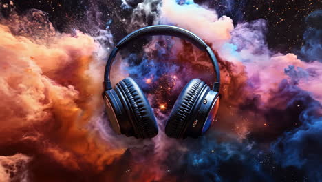 a pair of headphones is shown in the middle of a colorful explosion. the headphones are blue and red, and they are surrounded by a cloud of smoke. concept of excitement and energy