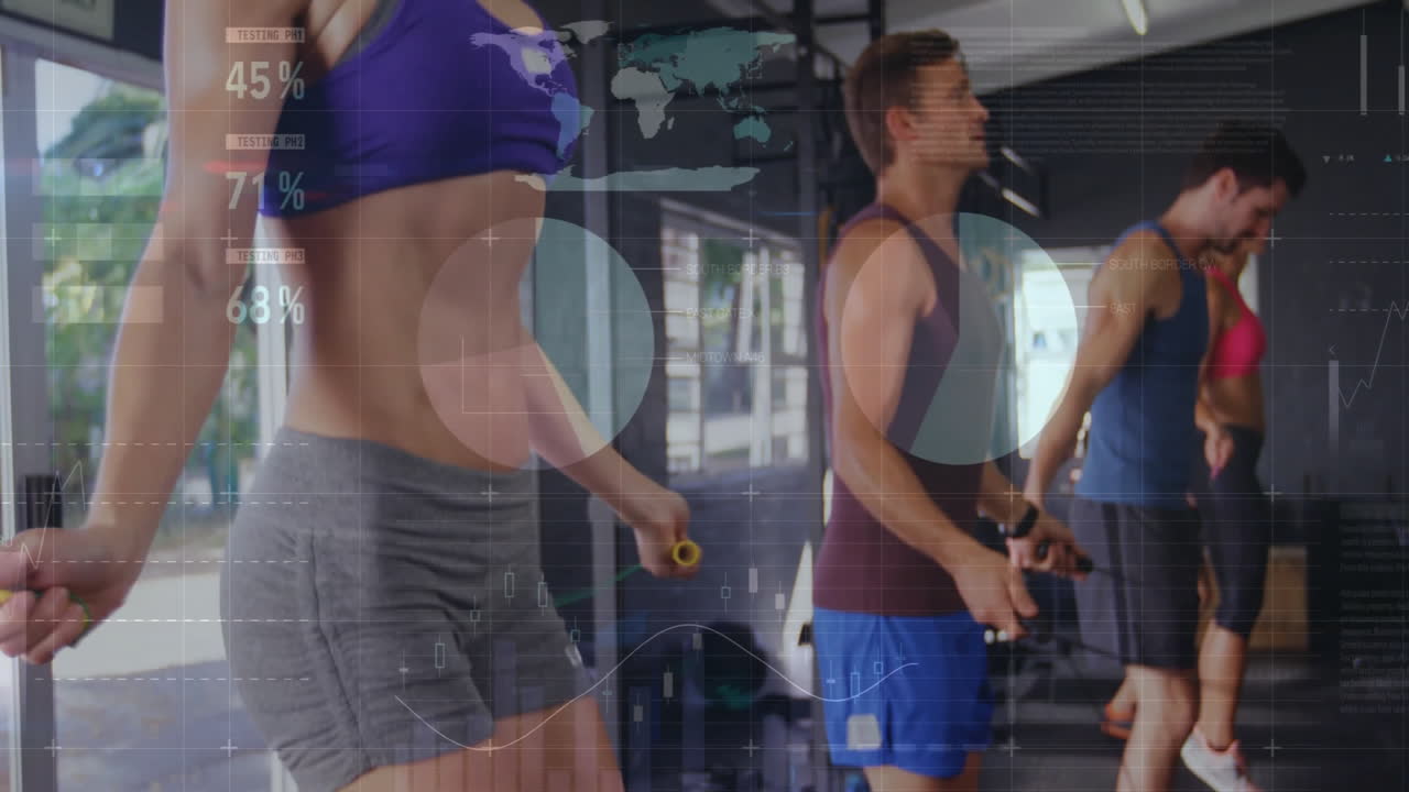 People exercising in gym with fitness data and graphs animation overlay