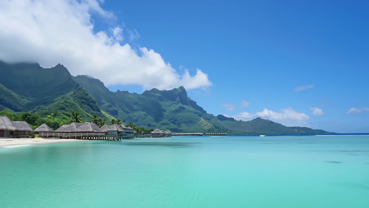 Crystal clear turquoise water gently laps against the shore, reflecting the vibrant blue sky and the lush green slopes of Mount Otemanu, creating a breathtaking tropical paradise
