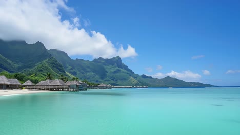 crystal clear turquoise water gently laps against the shore, reflecting the vibrant blue sky and the lush green slopes of mount otemanu, creating a breathtaking tropical paradise