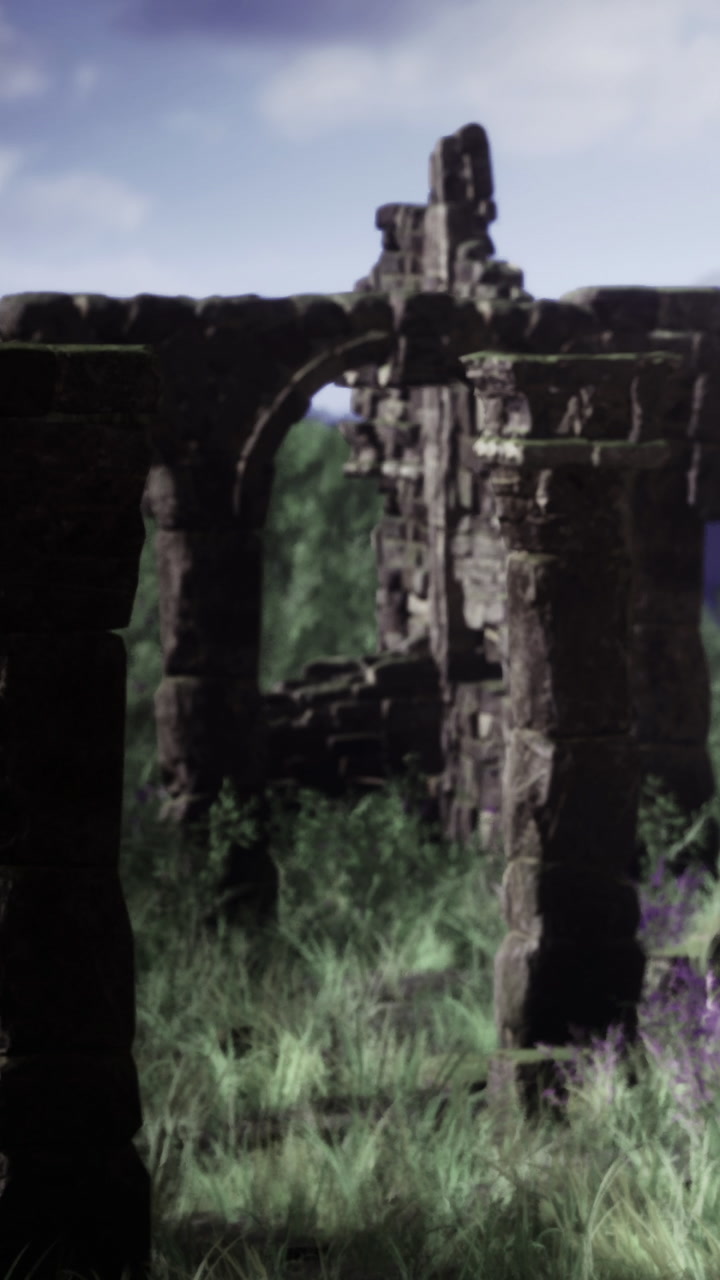 Ruins stand tall in a field with purple flowers under a bright sky