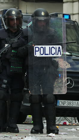 barcelona - spain - october 18 2019 : riot police clash with protestors at the general strike in via laietana, barcelona in vertical