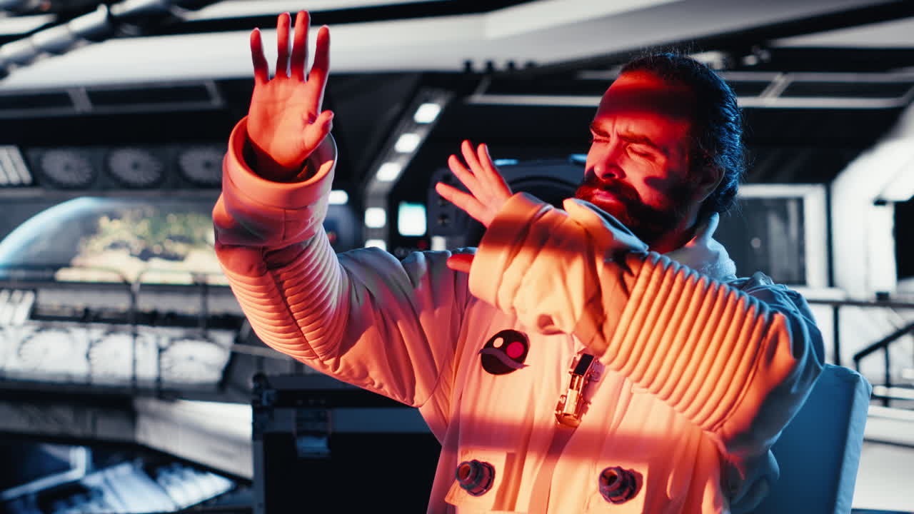 Starship cockpit glows red as cosmonaut watches unknown alien vessel approach