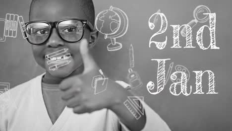 animación del 2 de enero texto sobre sonriente escolar afroamericano y iconos de artículos escolares