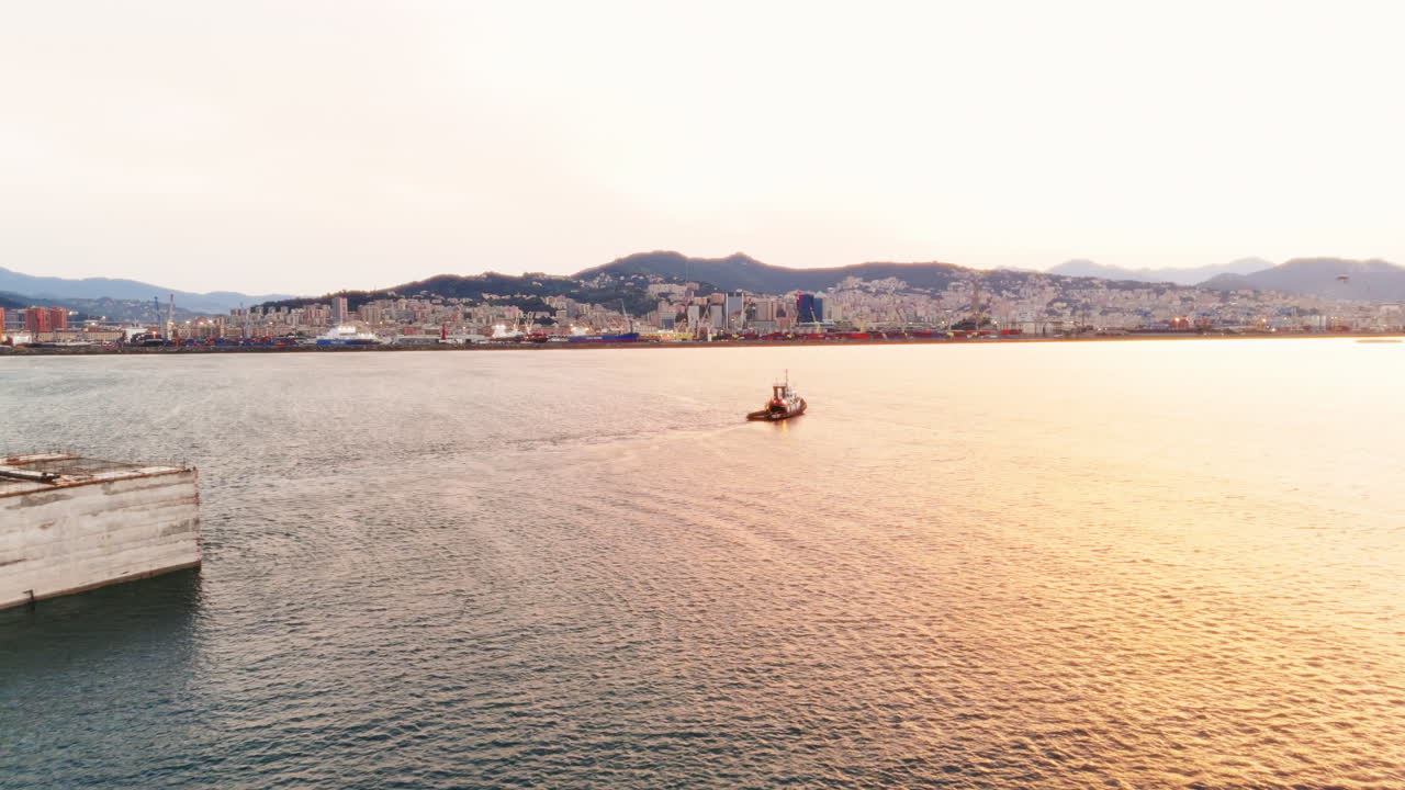 Industrial vessels working near the Italian port of Genoa. Aerial
