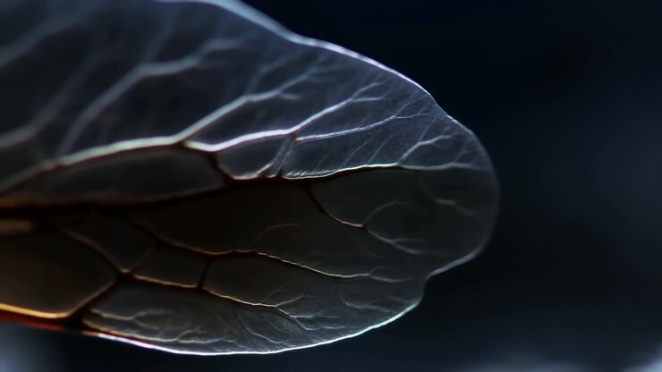 Macro di venature traslucide di baccello di semi scintillanti, sfondo scuro e suggestivo, controluce freddo che evidenzia dettagli intricati.