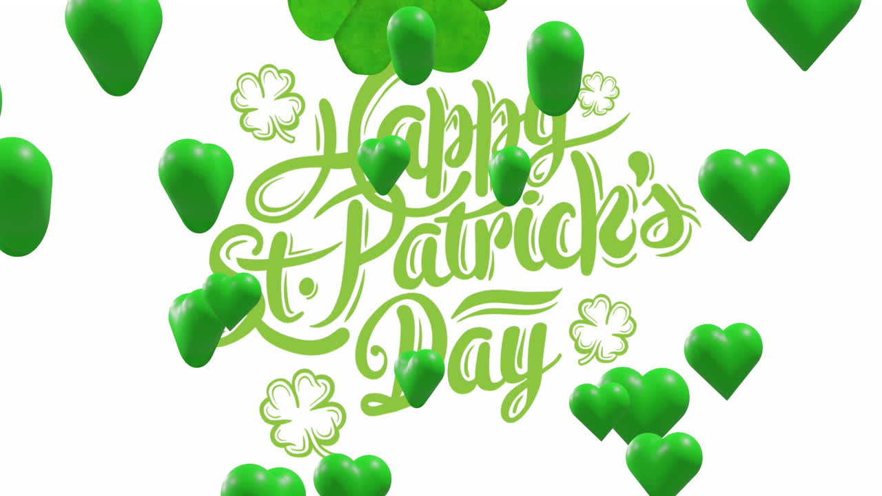 animación del texto del día de san patricio y corazones verdes sobre fondo blanco.