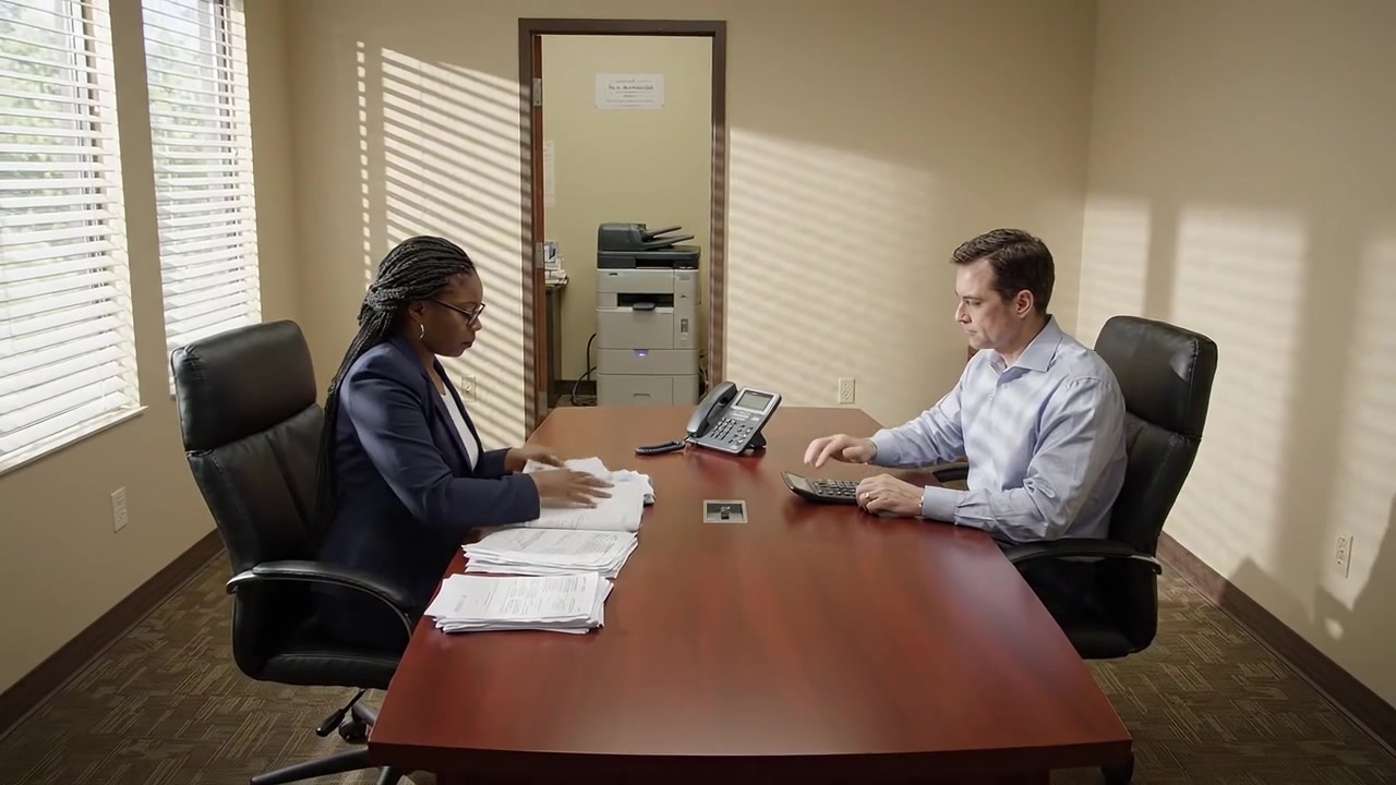 A Professional Meeting in an Office: Engaged Discussion Between Two Colleagues at a Conference Table with Papers and Office Equipment in a Bright Workspace