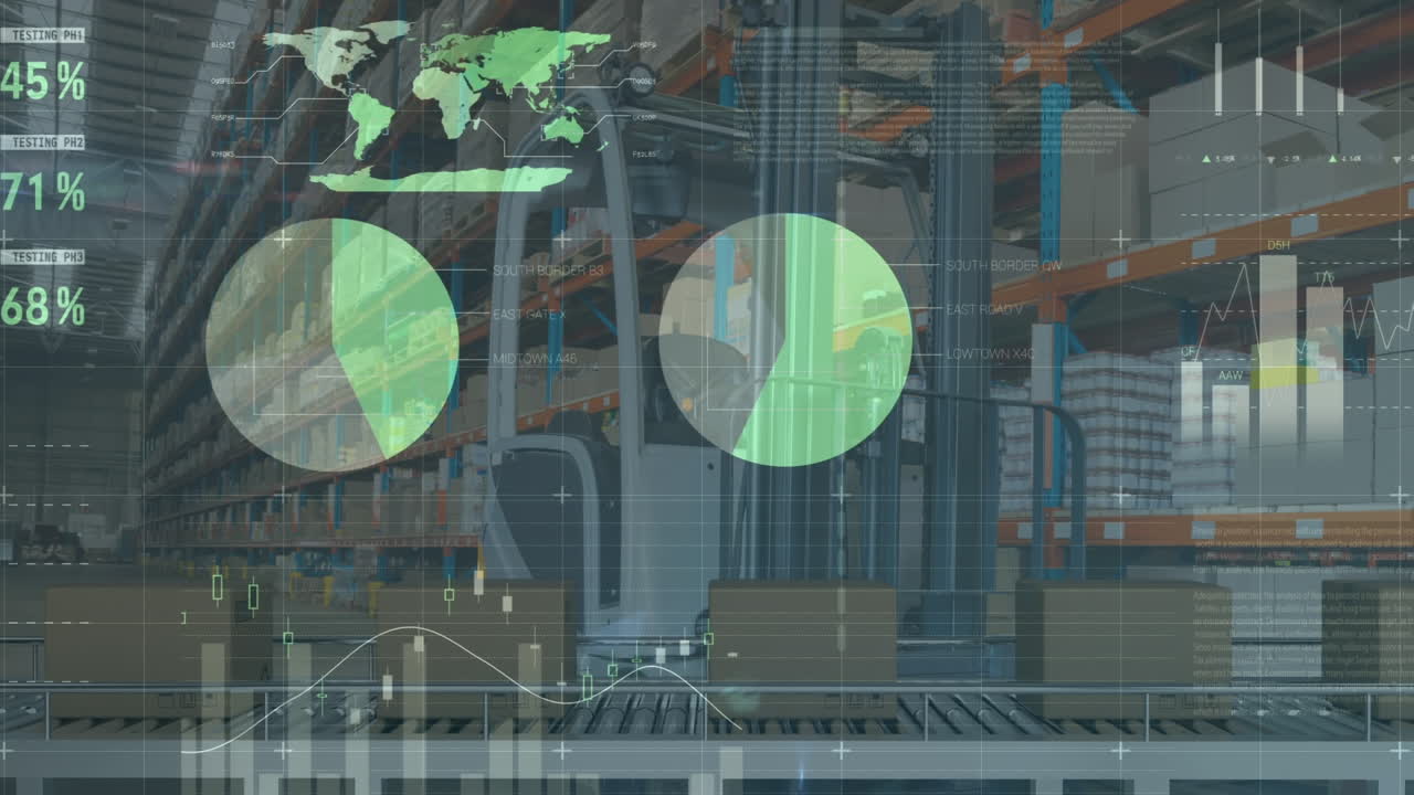 Animation of statistics processing over cardboard boxes on conveyor belt