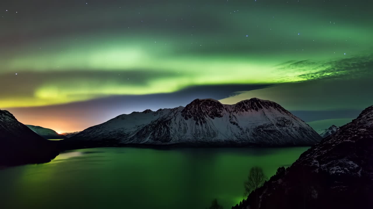 Aurora Borealis over Snow-Capped Mountains and Lake
