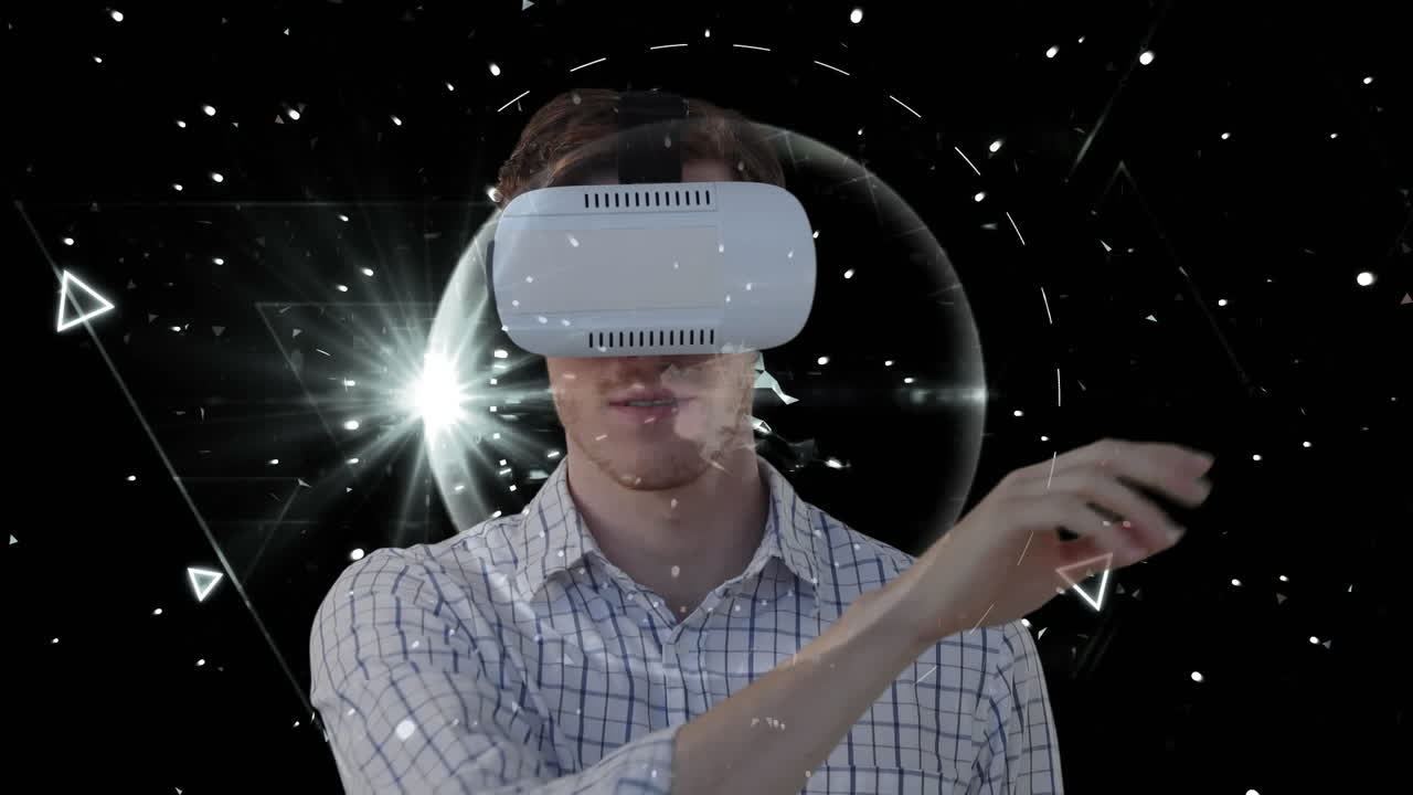 hombre usando auriculares vr sobre fondo animado.