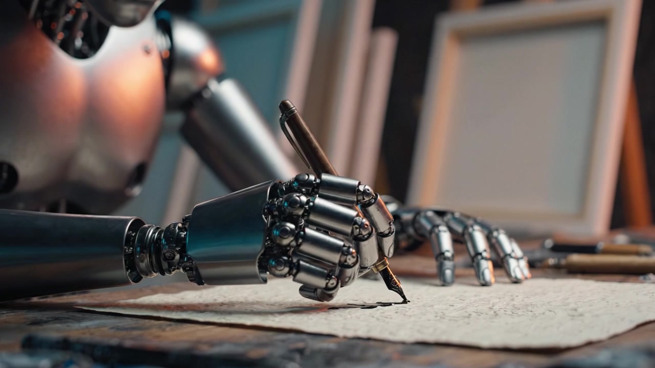 A Robotic Hand Skillfully Wields a Fountain Pen to Create Intricate Designs on Paper, Blending Technology with the Art of Writing in a Creative Workspace