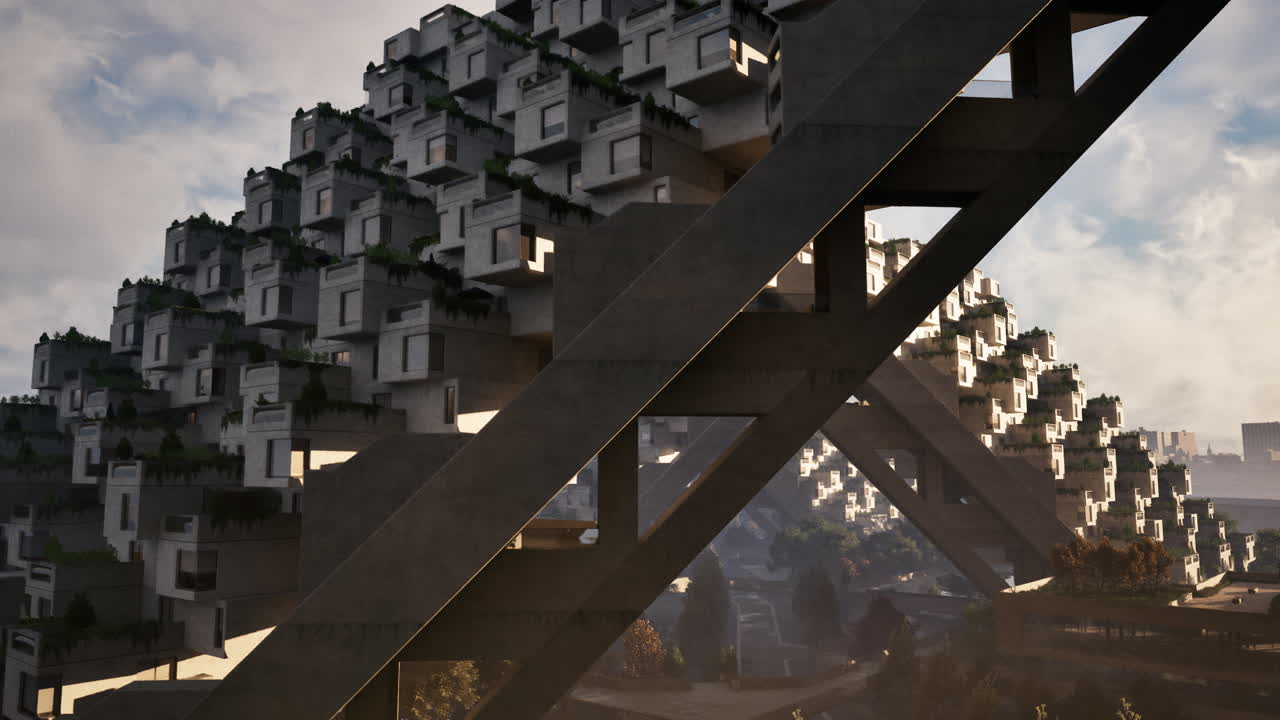 paisaje urbano futurista con un edificio geométrico
