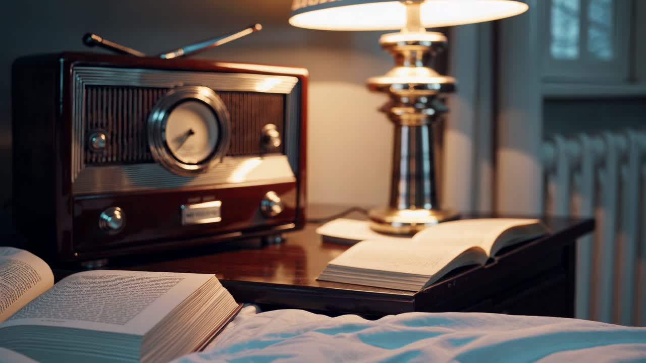 빈티지 라디오와 열려있는 책이 나무의 나이트 스테이블에 누워있고, 따뜻한 램프 빛으로 목욕을 하며, 아한 침실 인테리어에서 향수를 불러일으키는 평온함을 만니다.