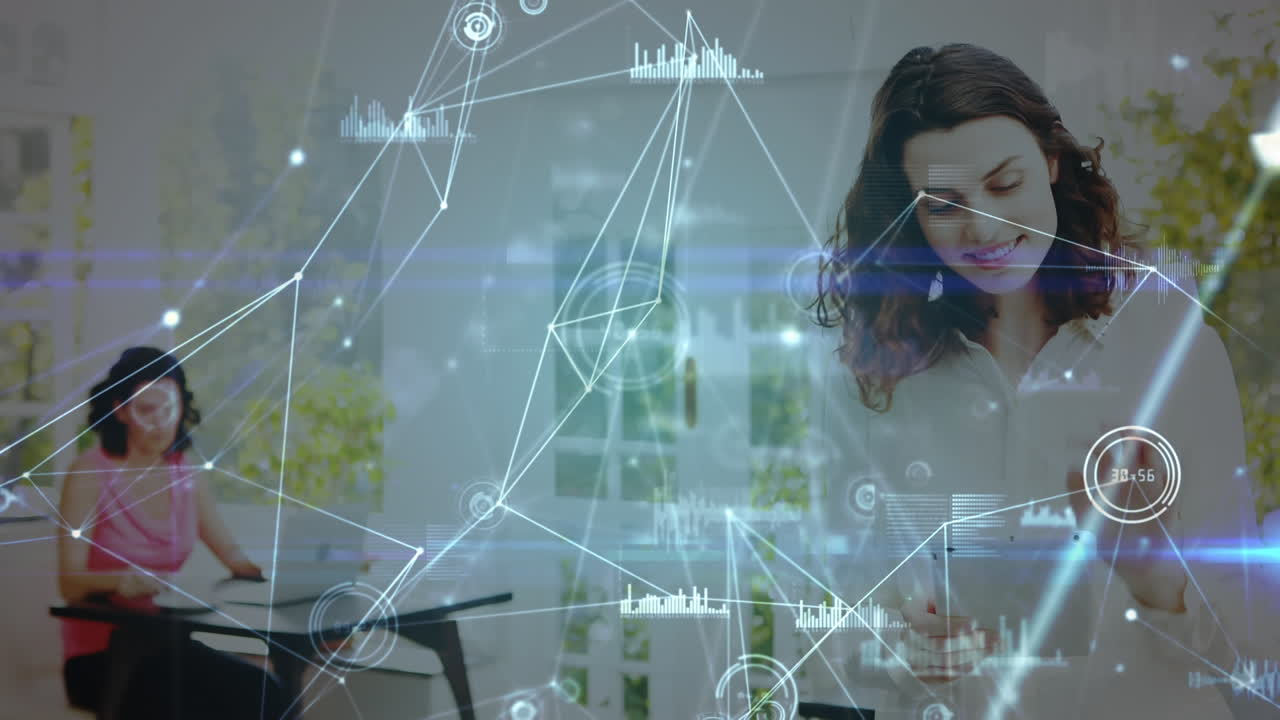 animación de una red de conexiones sobre una mujer de negocios caucásica