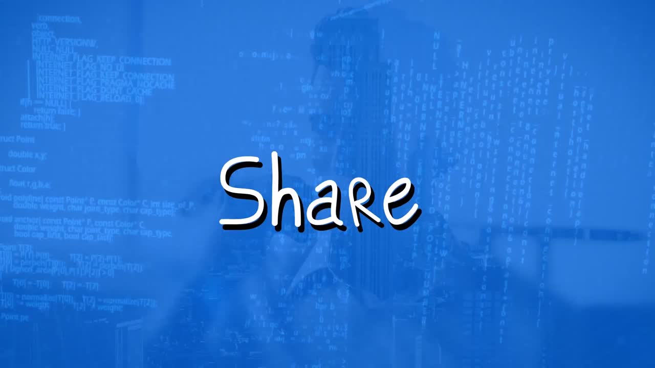 Animation of share text over data processing on blue background