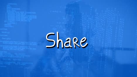 Animation-of-share-text-over-data-processing-on-blue-background