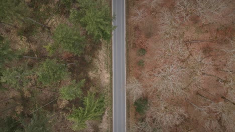 Two-cars-passing-through-the-frame-in-an-overhead-aerial-shot-of-a-rural-forest-road-in-Germany