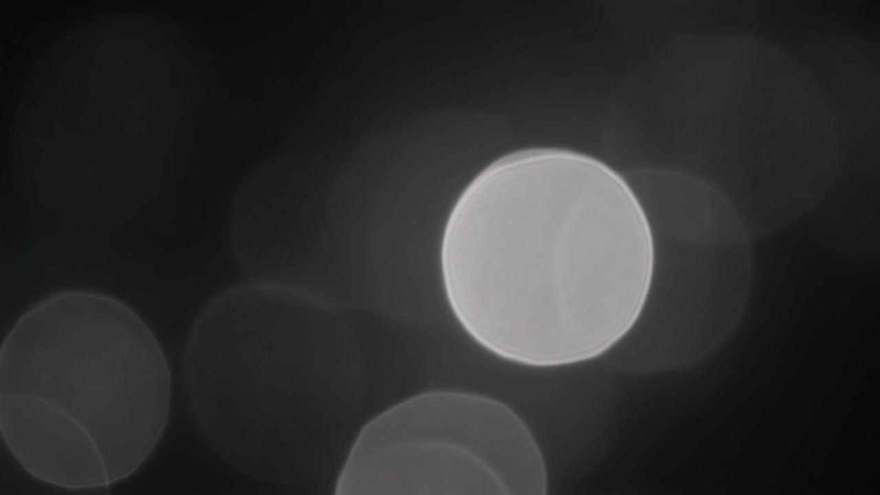 Cerchi di luce bokeh bianchi astratti su sfondo scuro.