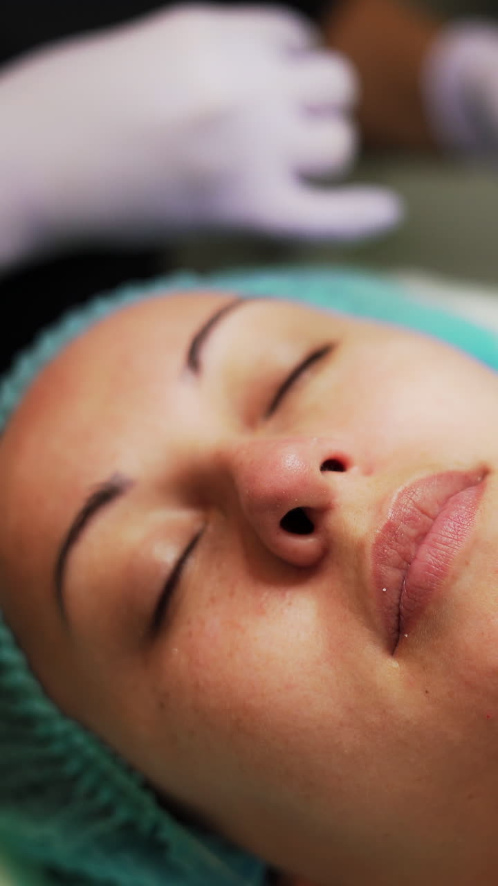 Relaxed Caucasian woman in a cap undergoing face skin care procedures at salon. Beautician uses blackhead removing instrument. Close up. Vertical video