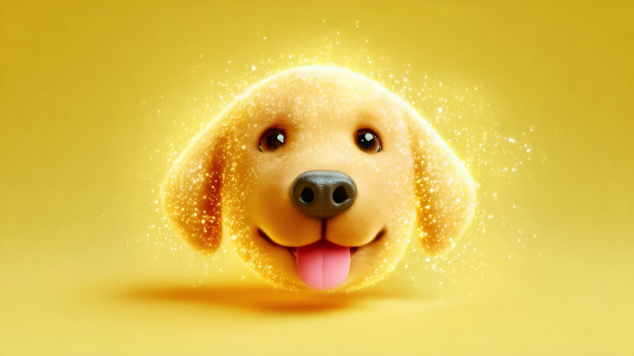A cheerful animated dog face radiating joy is set against a vibrant yellow background, sparkles surrounding the character, capturing the essence of playfulness and warmth