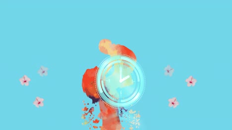 Neon-digital-clock-ticking-against-red-paint-splash-and-multiple-flowers-floating-on-blue-background