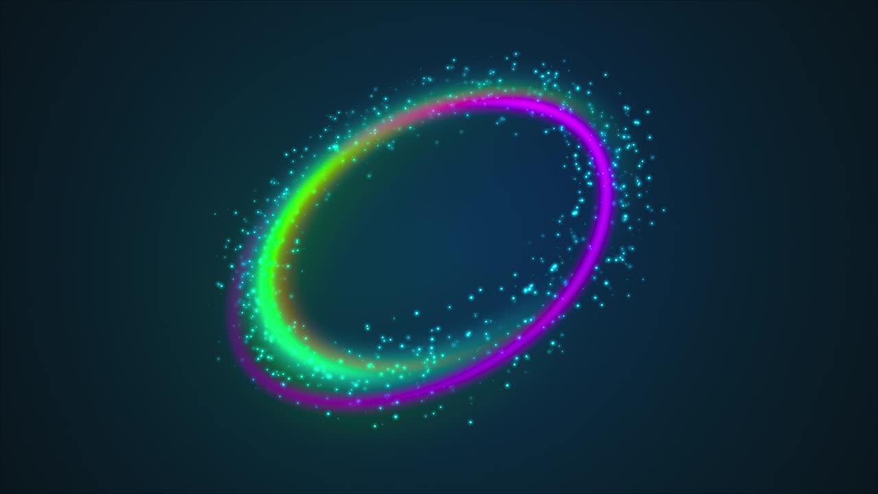무지개 선과 다채로운 빛나는 입자로 만든 반지 모양 3d 렌더링 컴퓨터 생성 마법 배경