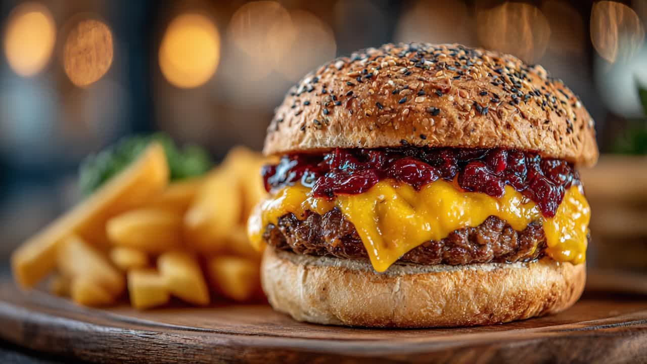 Hamburger irresistibile con formaggio fuso, salsa dolce e patatine fritte croccanti: una delizia culinaria da acquolina in bocca catturata in due straordinarie inquadrature