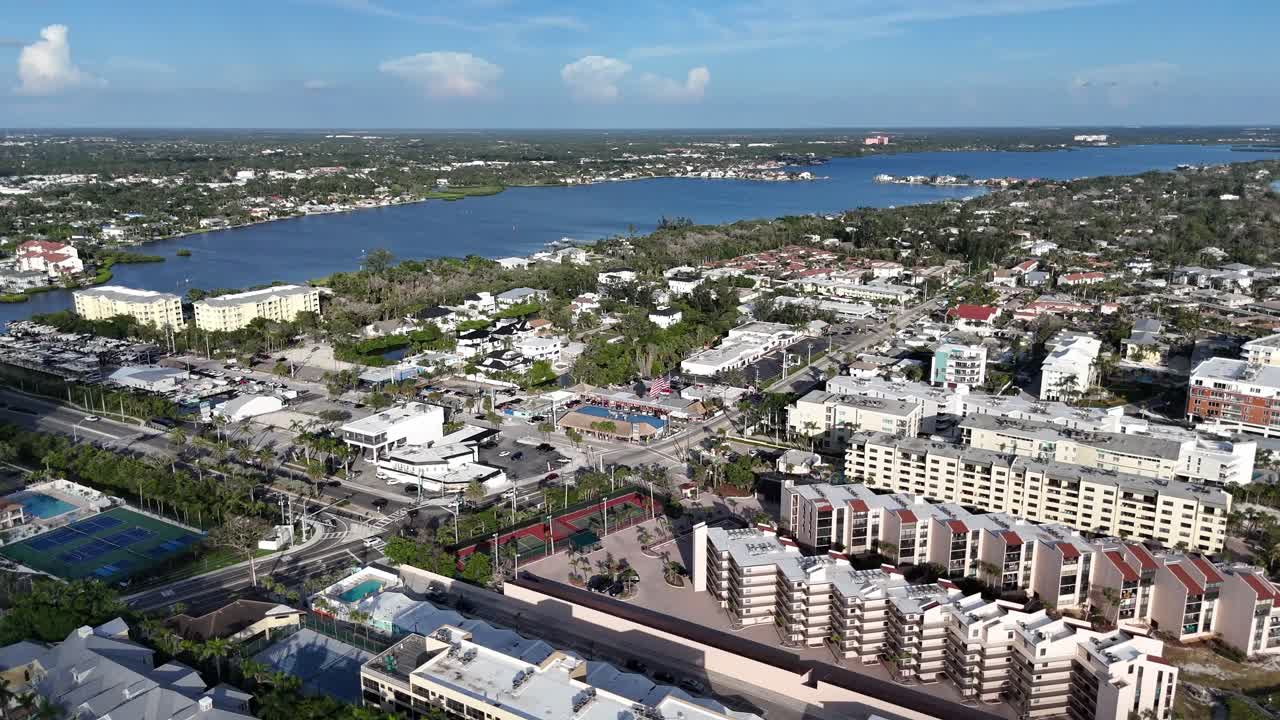 bay between Siesta Key and South Sarasota, shows southern Siesta Key island vacation and income properties popular with tourists during the summer and winter season