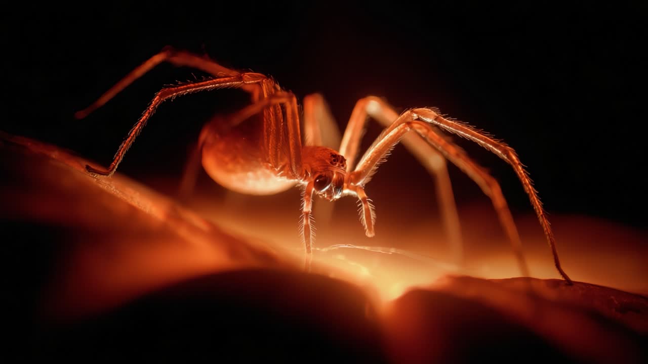 A Close-Up Encounter with a Luminous Spider Under Low Light, Showcasing Its Intricate Details and Mystique in a Rich Orange Glow