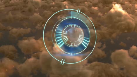 Animation-of-safe-lock-rotating-over-cloudy-sky