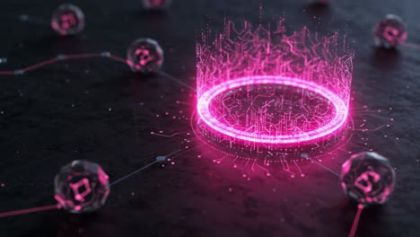 a brilliant display of digital innovation: a glowing pink circular interface surrounded by ethereal spheres, emphasizing technology and futuristic design