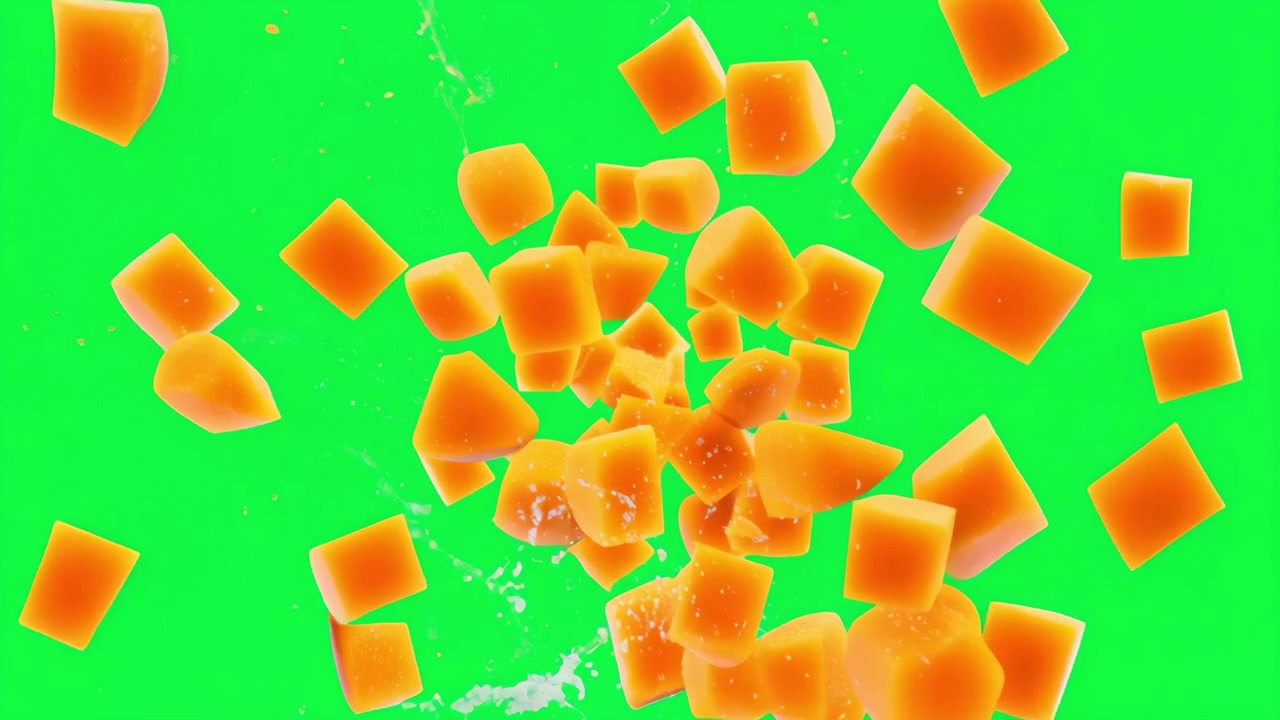 Cubetti di mango che esplodono su sfondo green screen