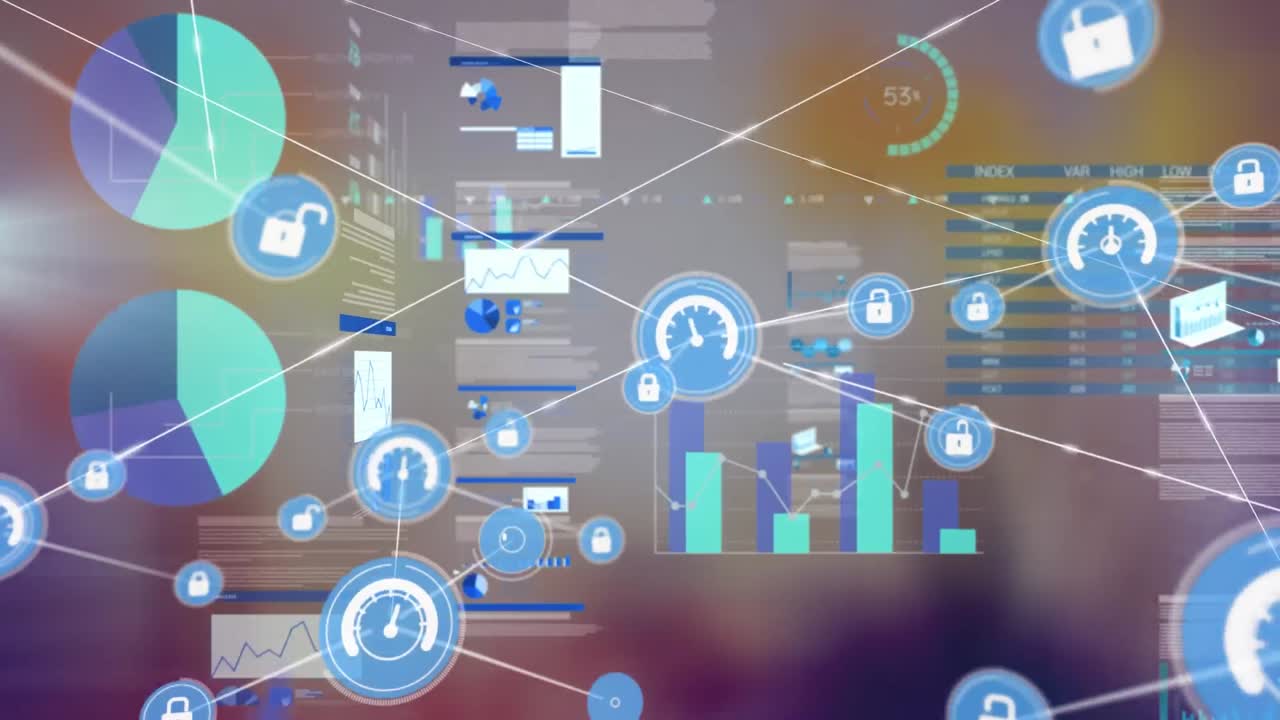 animación de una red de iconos digitales sobre pantallas con procesamiento de datos contra un fondo azul