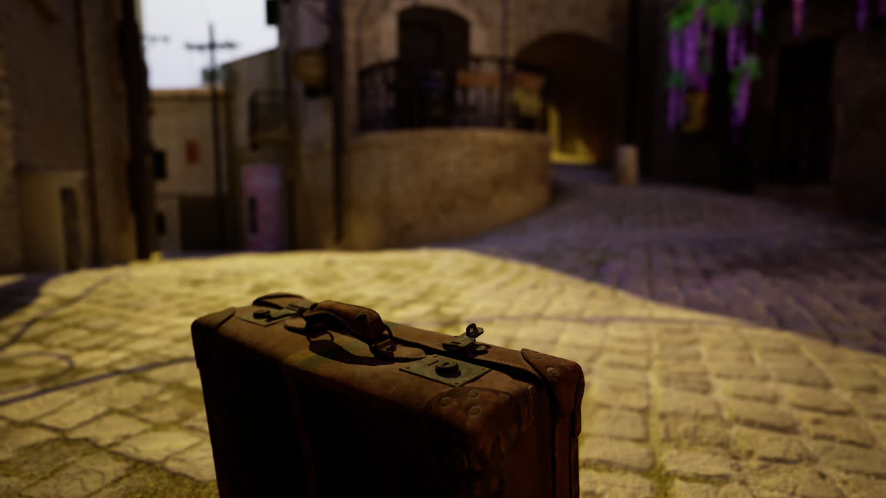 Old suitcase on cobblestone street in a quiet village during sunset