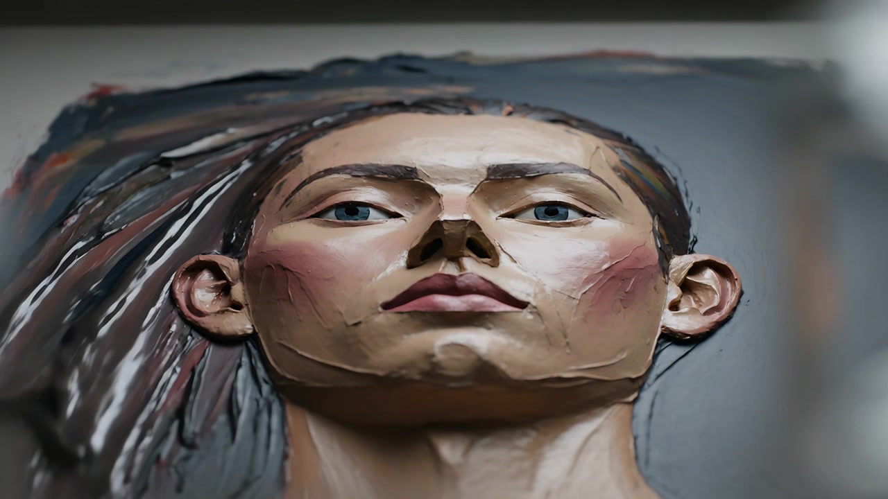 Pulling back camera painted portrait coming into focus in studio showing canvas and impasto strokes