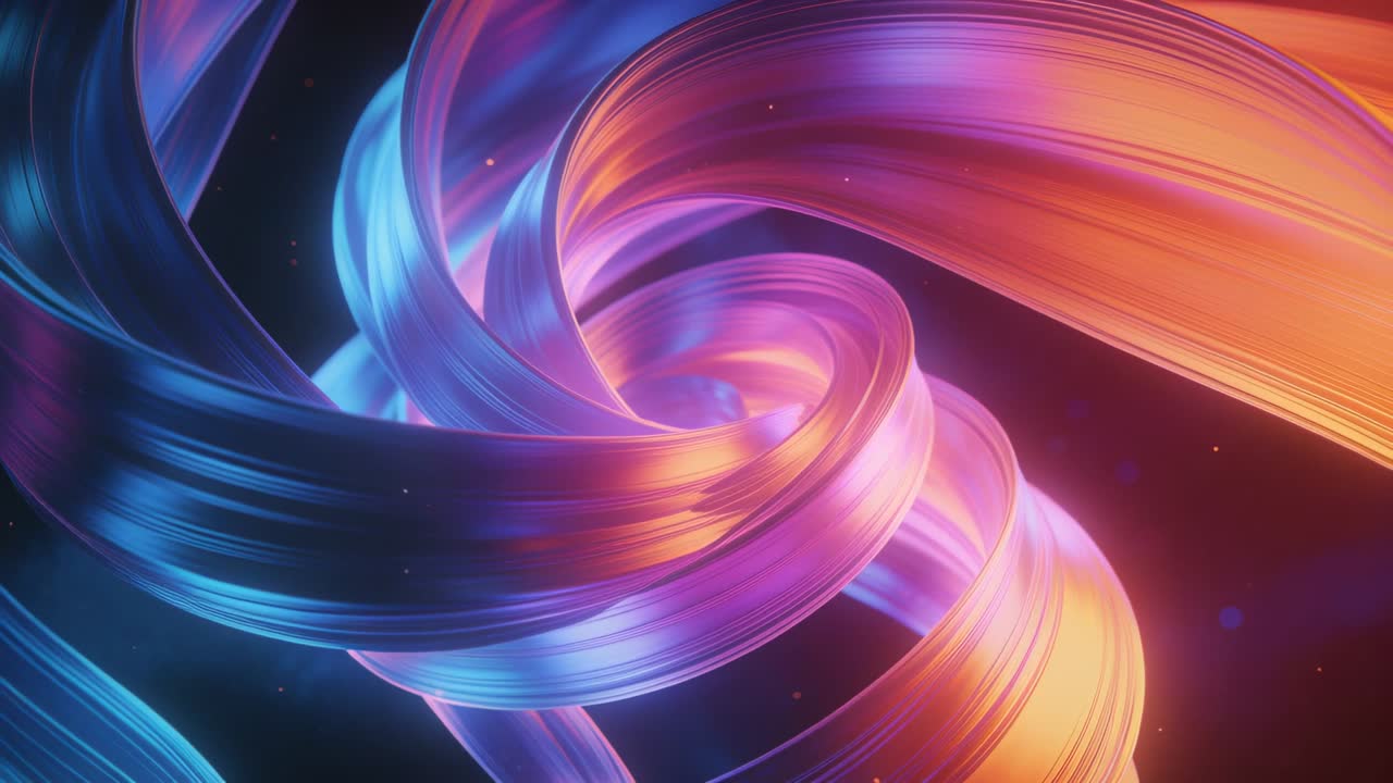 Vertikální video: Kovová stuha se stáčí do uzlu, kamera obíhá, světlo se mění a ukazuje technologický gradient.