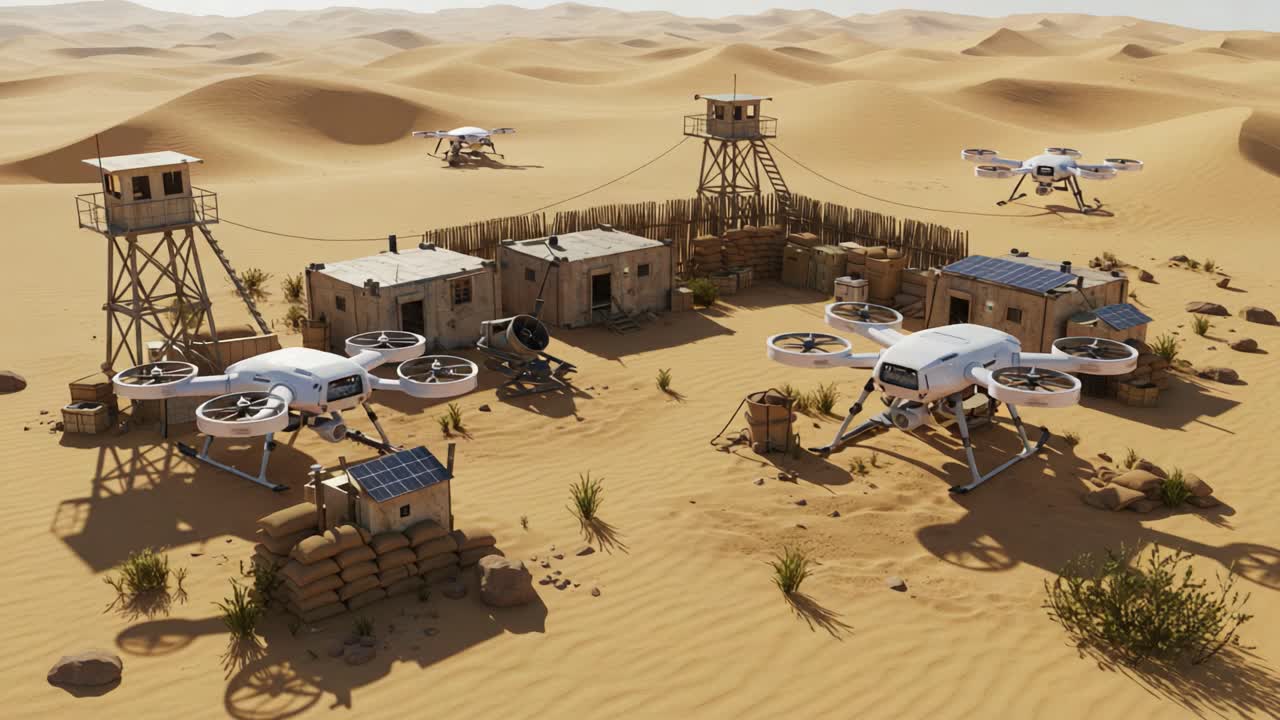 Aerial Surveillance Drones Over Military Outpost in Arid Desert Environment, Featuring Watchtowers, Shelters, and Advanced Technology in a Remote Location