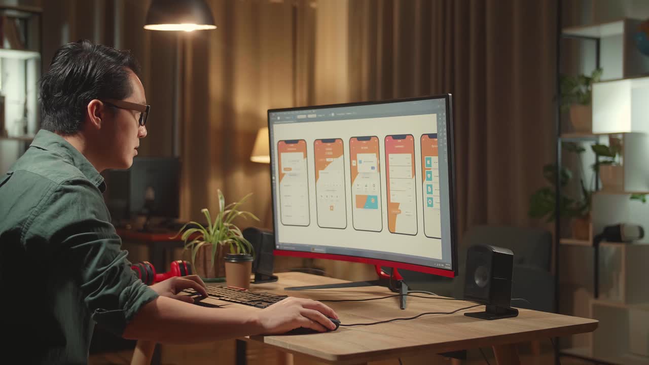 Asian Male Mobile Application Developer Paining His Back While Works With Graphics On His Personal Computer. He Works At Night