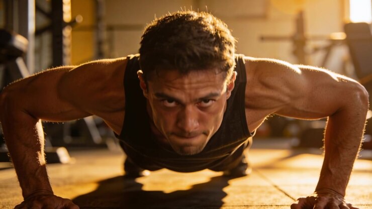 Starting near-bottom rep, man in dark tank, shorts pushing push-ups on gym floor, building strength