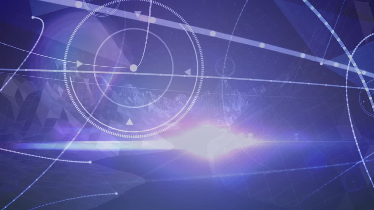 Horizon light emerging, valley rift centering trails crossing, HUD rings rotating forming overlay