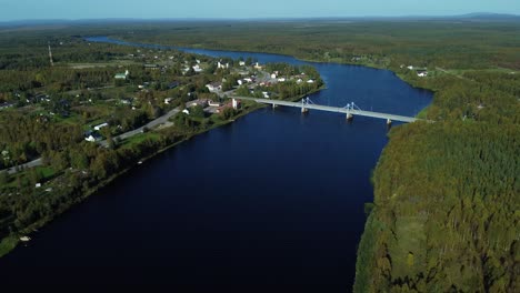 aerial drone shot over river with bridge in iceland